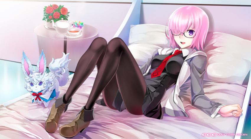 1girl :d bed black_legwear breasts cup dress fate/grand_order fate_(series) flower four_(fate/grand_order) glasses hair_over_one_eye high_heels jacket looking_at_viewer lying necktie on_back open_mouth pantyhose pillow purple_hair saucer shielder_(fate/grand_order) shirotsumekusa smile tea teacup teapot violet_eyes