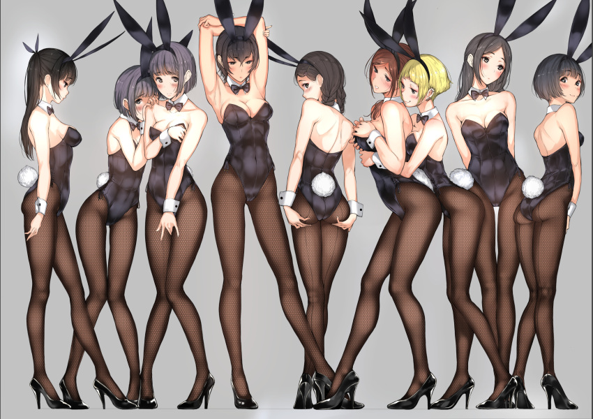 6+girls animal_ears arm_at_side armpits arms_behind_back arms_behind_head arms_up ass bangs bare_arms bare_shoulders between_legs black_eyes black_hair black_legwear black_shoes blonde_hair blunt_bangs blush bodysuit bow bowtie braid breast_grab breasts brown_eyes brown_hair bunny_girl bunny_tail bunnysuit cleavage closed_mouth collarbone commentary_request contrapposto covering covering_breasts covering_crotch detached_collar embarrassed fake_animal_ears fishnet_legwear fishnet_pantyhose fishnets full_body grabbing grabbing_from_behind green_eyes grey_background grey_hair hair_ornament hair_over_shoulder hair_ribbon hairband hairclip hand_between_legs hands_on_breasts hands_on_own_ass hands_on_own_chest hands_on_thighs head_tilt hiding high_heels highres hug hug_from_behind large_breasts leotard long_hair looking_away looking_back looking_down looking_to_the_side medium_breasts multiple_girls original pantyhose parted_bangs profile rabbit_ears revision ribbon shoes short_hair simple_background small_breasts smile smug spread_ass standing strapless strapless_leotard tail thigh-highs thigh_gap tsukino_wagamo twin_braids twintails wrist_cuffs yuri