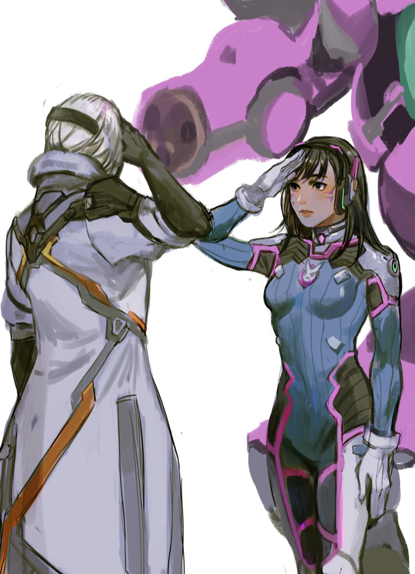2girls absurdres arm_cannon bangs bodysuit boots bracer breasts brown_eyes brown_hair closed_mouth coat cowboy_shot d.va_(overwatch) facepaint facial_mark from_behind gatling_gun gloves gun hand_to_forehead hand_to_head hand_up headband headphones highres legs_together long_hair long_sleeves looking_at_another mecha medium_breasts meka_(overwatch) muehe multiple_girls overwatch pauldrons pilot_suit ribbed_bodysuit salute shoulder_pads simple_background thigh-highs thigh_boots thigh_strap turtleneck watermark weapon whisker_markings white_background white_boots white_gloves white_hair