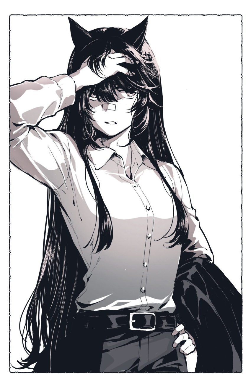 1girl alternate_costume animal_ears arm_up bandaid bandaid_on_face bandaid_on_nose belt black_hair border breasts buttons clenched_teeth collared_shirt frown greyscale hair_down hand_in_own_hair hand_on_own_hip highres horse_ears jacket jacket_removed long_hair long_sleeves monochrome narita_brian_(umamusume) pants shirt shirt_tucked_in small_breasts solo teeth umamusume uruimu