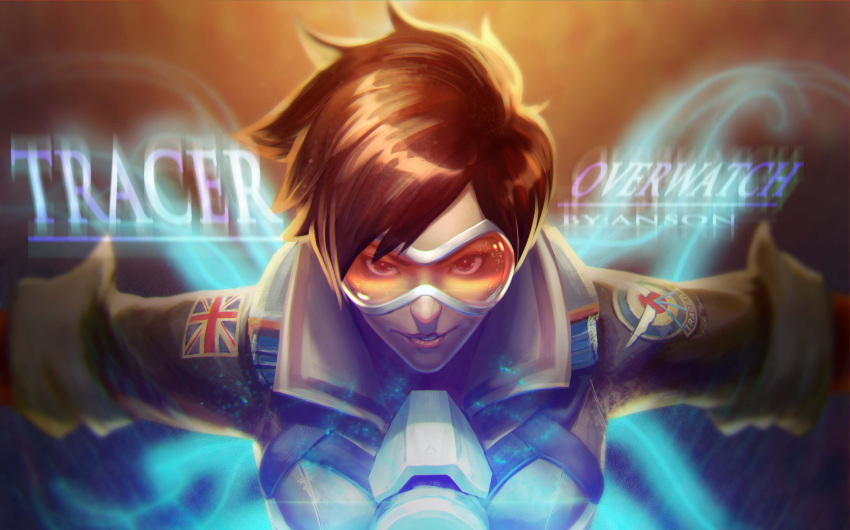 1girl absurdres anson_(13686564308) artist_name bodysuit bomber_jacket breasts brown_eyes brown_hair brown_jacket character_name copyright_name emblem goggles harness highres jacket logo looking_at_viewer outstretched_arms overwatch parted_lips pink_lips short_hair sleeves_rolled_up smile solo spiky_hair tracer_(overwatch) union_jack