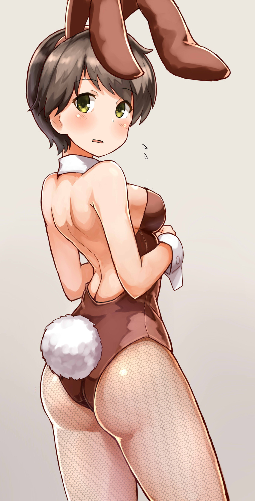 1girl absurdres animal_ears arm_at_side ass backless_outfit bare_arms bare_shoulders blush breasts brown_hair brown_legwear bunny_girl bunny_tail bunnysuit cowboy_shot detached_collar fishnet_pantyhose fishnets from_behind green_eyes highres kantai_collection leotard looking_at_viewer looking_back medium_breasts mogami_(kantai_collection) okitsugu pantyhose rabbit_ears short_hair simple_background tail thighs very_short_hair
