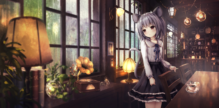 1girl animal_ears bangs black_skirt blurry blush book chair depth_of_field desk_lamp eyebrows eyebrows_visible_through_hair frame frilled_sleeves frills grey_hair highres holding indoors lamp long_sleeves looking_away looking_to_the_side miniskirt missile228 mouse_ears mouse_tail nazrin neck_ribbon photo_(object) plant potted_plant rain red_eyes reflection ribbon shirt skirt solo standing table tail touhou white_shirt window wooden_chair wooden_table