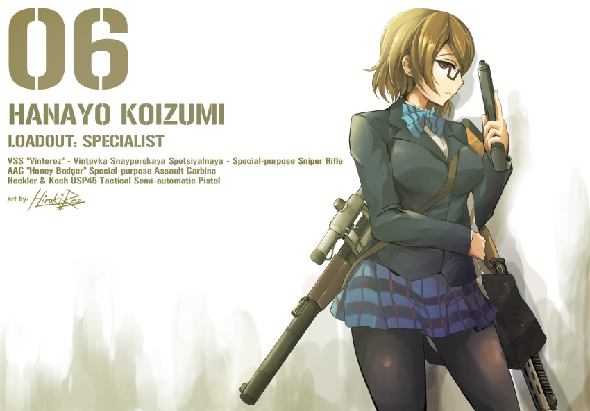 1girl black_legwear blue_bow blue_skirt bow bowtie brown_eyes brown_hair character_name earrings glasses gun heckler_&amp;_koch highres hiroki_ree holding holding_gun holding_weapon jewelry koizumi_hanayo looking_at_viewer love_live! love_live!_school_idol_project number panties pleated_skirt riffle rifle school_uniform short_hair signature skirt sniper_rifle solo striped striped_bow underwear vss_vintorez weapon