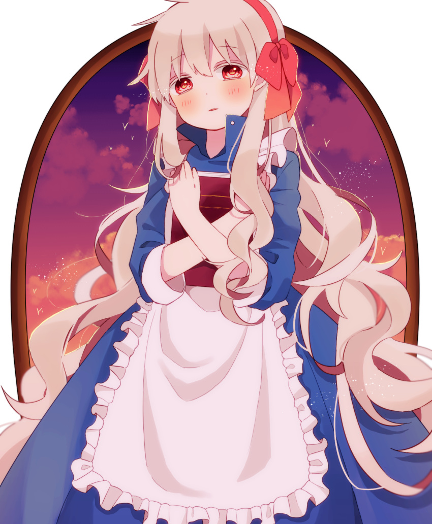 1girl 64hijiki book dress hair_ribbon highres kagerou_project kozakura_marry long_hair red_eyes ribbon silver_hair solo