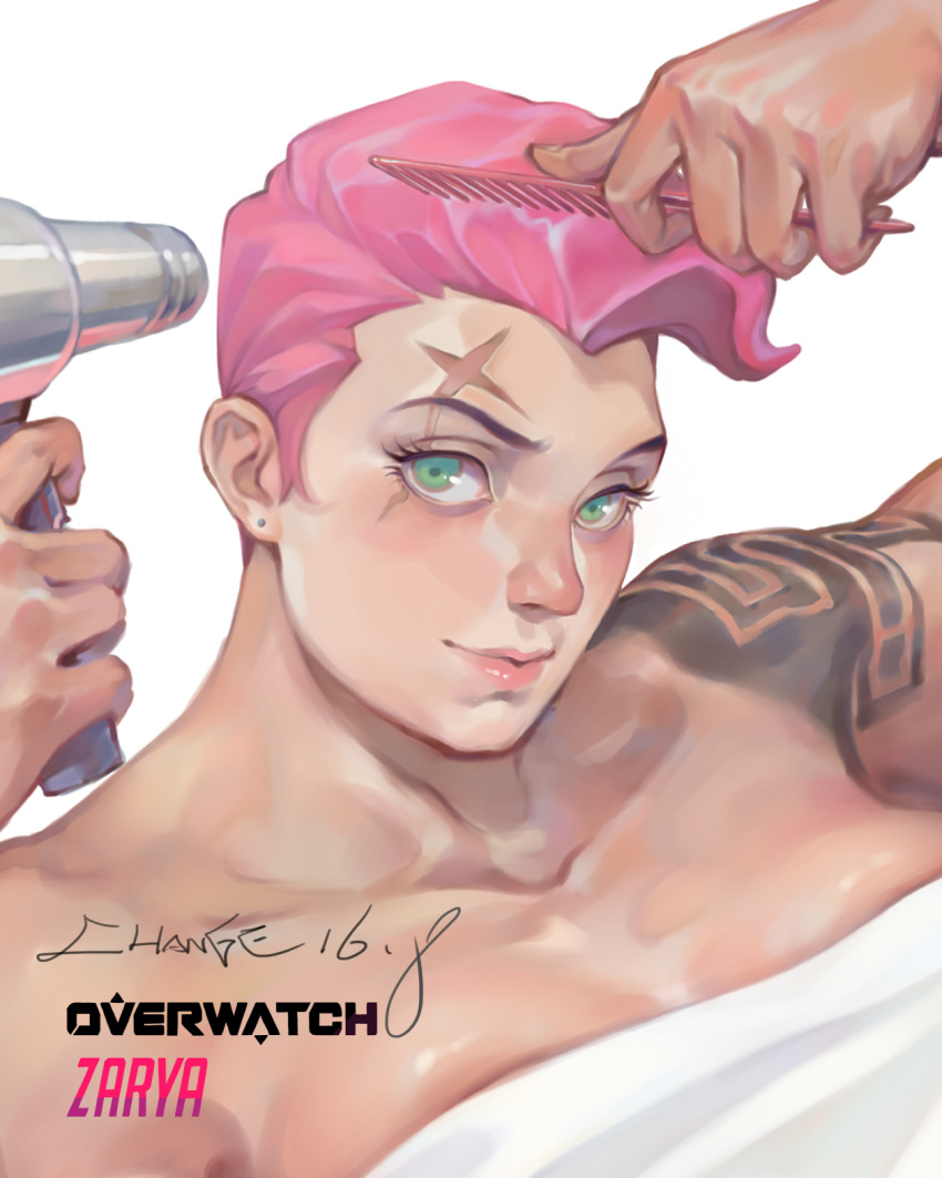 1girl change_(437483723) close-up comb face green_eyes hair_dryer highres overwatch pink_hair signature simple_background solo towel white_background zarya_(overwatch)