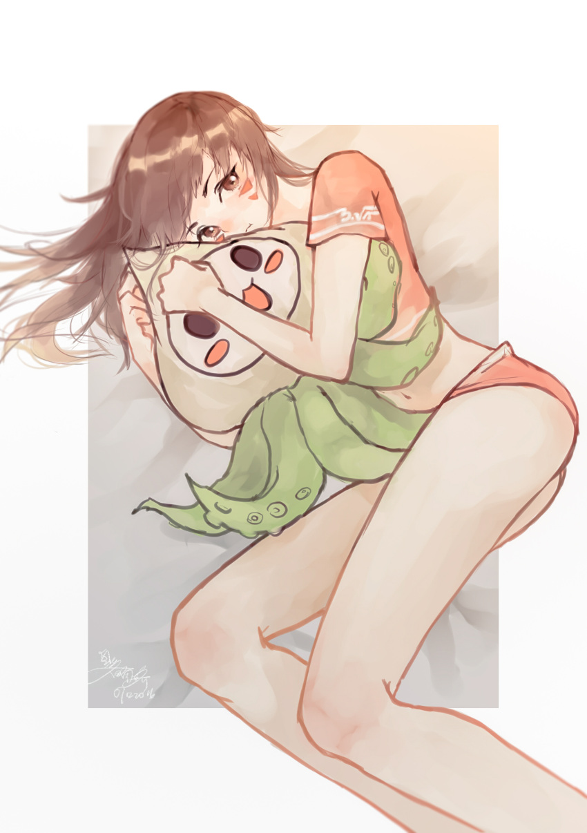 1girl 2016 absurdres bangs blush blush_stickers brown_eyes brown_hair character_name d.va_(overwatch) dated doll_hug facepaint facial_mark highres legs long_hair looking_at_viewer lying navel on_side open_mouth overwatch shirt short_shorts short_sleeves shorts signature solo stuffed_animal stuffed_octopus stuffed_toy swept_bangs whisker_markings
