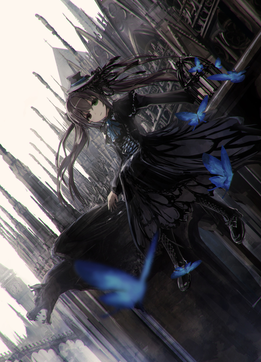 1girl black_bow black_dress black_hair black_hat bow butterfly church dress dutch_angle gothic_lolita green_eyes hat highres lolita_fashion long_hair looking_at_viewer mini_hat missile228 original solo twintails