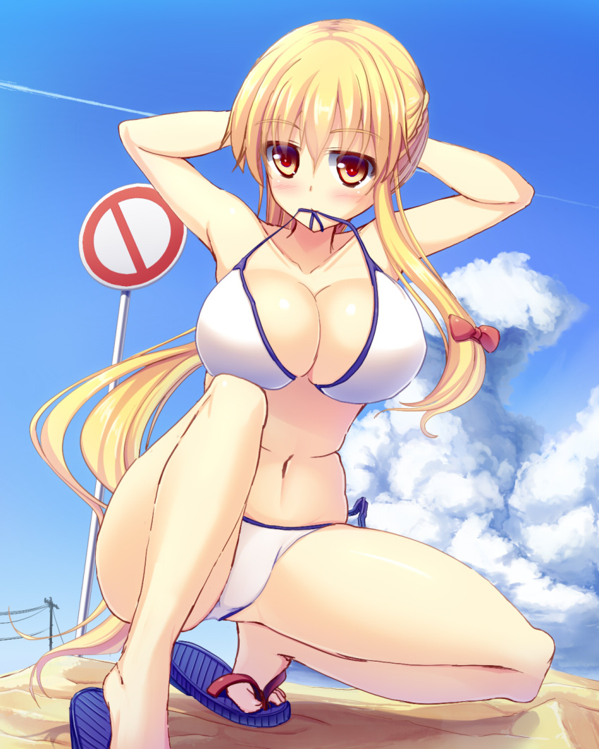1girl adjusting_hair alternate_costume alternate_hairstyle arms_behind_head bikini biting_clothes blonde_hair bow breasts cleavage clouds cloudy_sky collarbone hair_bow highres liya long_hair looking_at_viewer medium_breasts navel red_bow road_sign sandals sign sky solo squatting swimsuit touhou white_bikini yakumo_yukari yellow_eyes