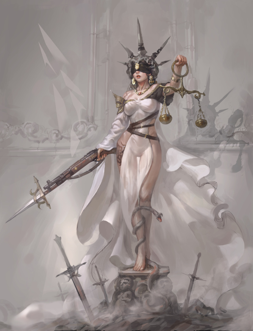 1girl absurdres barefoot bayonet bracelet dress earrings full_body gun headpiece highres holding holding_gun holding_weapon jewelry mask necklace parted_lips pedestal planted_sword planted_weapon scales shadow shaonav snake solo standing sword weapon white_dress