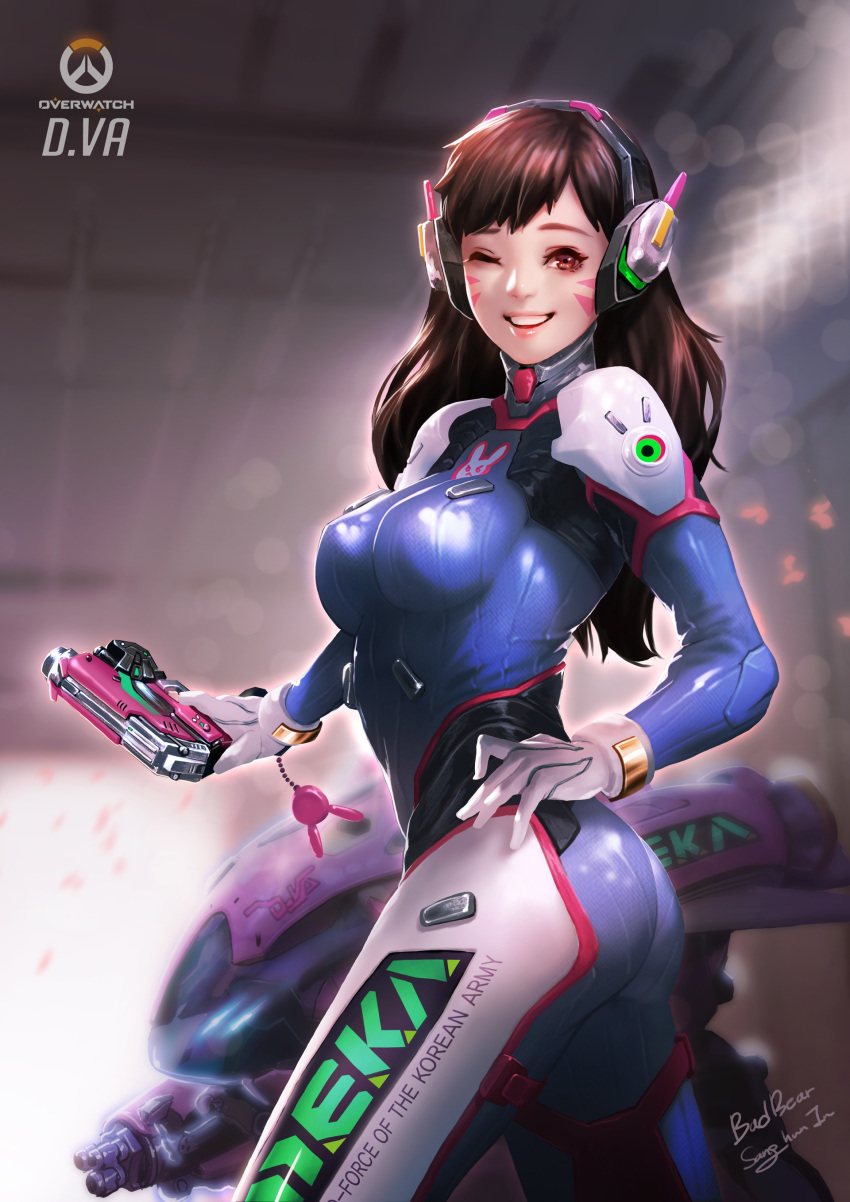 1girl ;d absurdres acronym arm_cannon artist_name ass badbear bangs bodysuit boots bracer breasts brown_eyes brown_hair character_name charm_(object) clothes_writing copyright_name cowboy_shot d.va_(overwatch) emblem facepaint facial_mark finger_on_trigger from_side gatling_gun gloves gun hand_on_hip handgun headphones highres holding holding_gun holding_weapon large_breasts legs_apart lips lipstick logo long_hair long_sleeves looking_at_viewer makeup mecha meka_(overwatch) one_eye_closed open_mouth overwatch pauldrons pilot_suit pink_lips pink_lipstick ribbed_bodysuit shiny shiny_clothes shoulder_pads signature skin_tight smile solo thigh-highs thigh_boots thigh_strap turtleneck weapon whisker_markings white_gloves