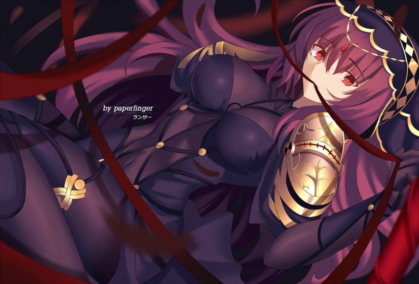 1girl blurry bodysuit breasts depth_of_field fate/grand_order fate_(series) highres long_hair looking_at_viewer mouth_hold paperfinger purple_hair red_eyes ribbon scathach_(fate/grand_order) solo veil
