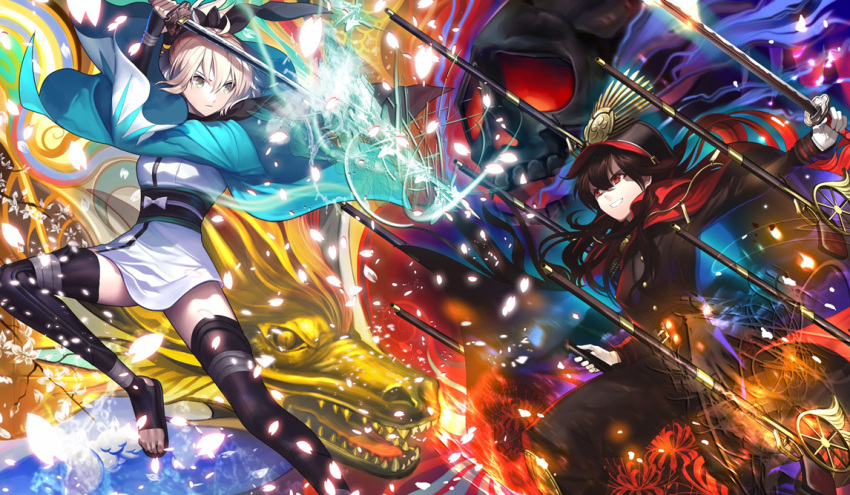 2girls ahoge black_hair blonde_hair bow demon_archer dragon fate/grand_order fate_(series) glowing hair_bow hat japanese_clothes katana koha-ace long_hair multiple_girls petals red_eyes sakura_saber short_hair smile sword thigh-highs tsukimoto_aoi weapon yellow_eyes