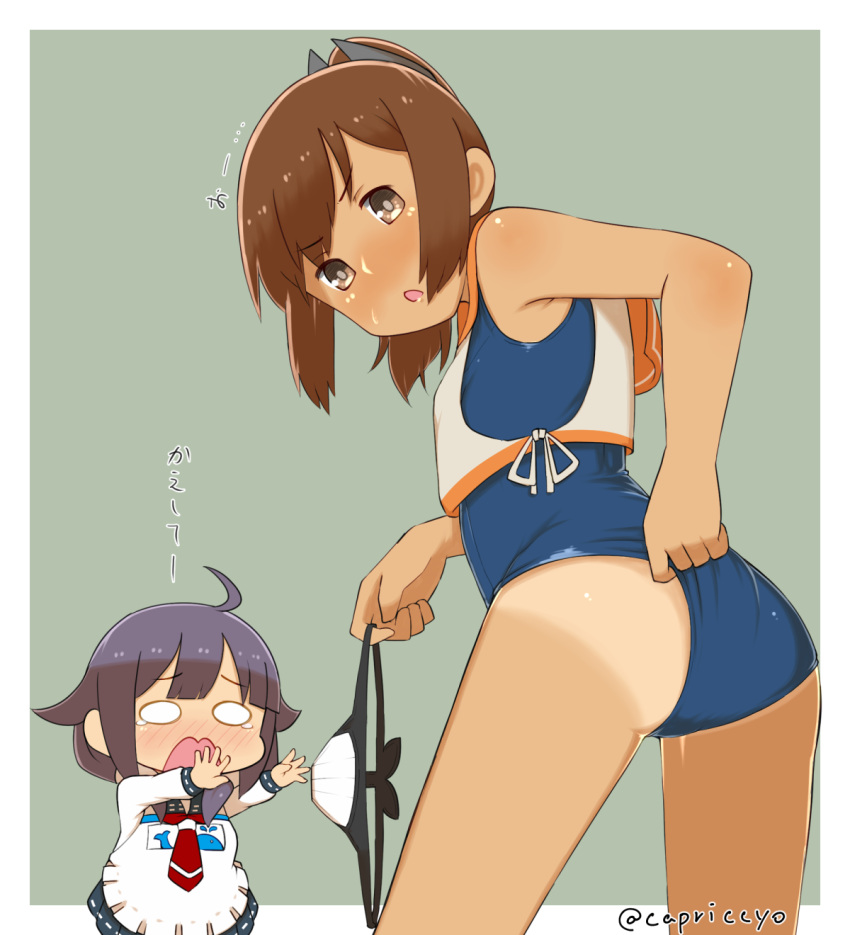 2girls adjusting_clothes adjusting_swimsuit brown_eyes brown_hair capriccyo chibi highres holding holding_panties i-401_(kantai_collection) kantai_collection multiple_girls one-piece_tan panties ponytail sailor_collar school_swimsuit short_ponytail swimsuit swimsuit_under_clothes taigei_(kantai_collection) tan tanline underwear