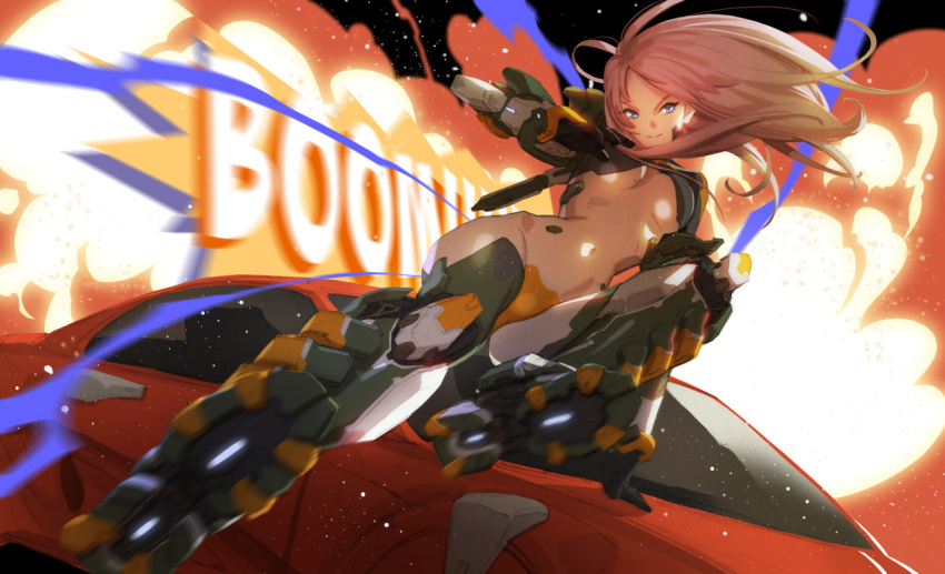 &gt;:&lt; 1girl arm_support blue_eyes blurry breasts car closed_mouth depth_of_field english explosion groin ground_vehicle long_hair mechanical_arms mechanical_legs motor_vehicle original pink_hair solo sound_effects sunkist