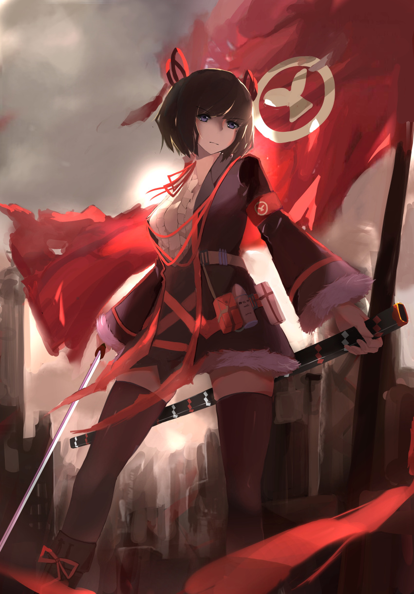 1girl absurdres armband banner belt black_hair blue_eyes boots breasts building cityscape clouds cloudy_sky dring fur hair_ribbon highres holding holding_sword holding_weapon katana knee_boots long_sleeves medium_breasts mole mole_under_eye original red_ribbon ribbon sheath short_hair sky solo sword thigh-highs weapon zettai_ryouiki