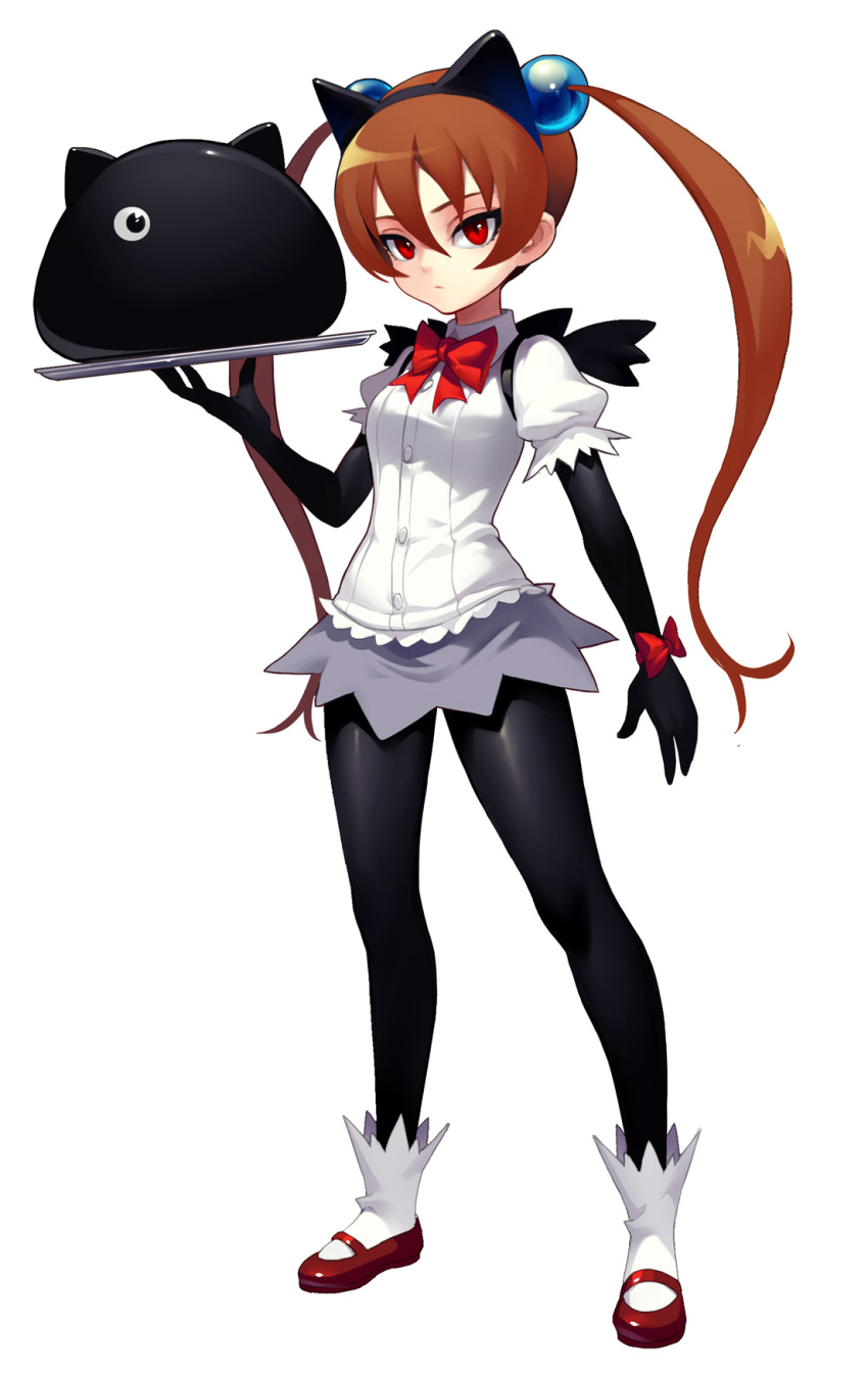 1girl alisa_southerncross black_gloves black_legwear bow bowtie buttons closed_mouth collared_shirt creature elbow_gloves expressionless fkey gloves hair_bobbles hair_ornament highres holding_tray keroro_gunsou legs_apart long_hair mary_janes one-eyed orange_hair pantyhose puffy_short_sleeves puffy_sleeves purple_skirt red_bow red_bowtie red_eyes red_shoes shirt shoes short_sleeves simple_background skirt socks solo standing tsurime twintails very_long_hair white_background white_legwear wing_collar