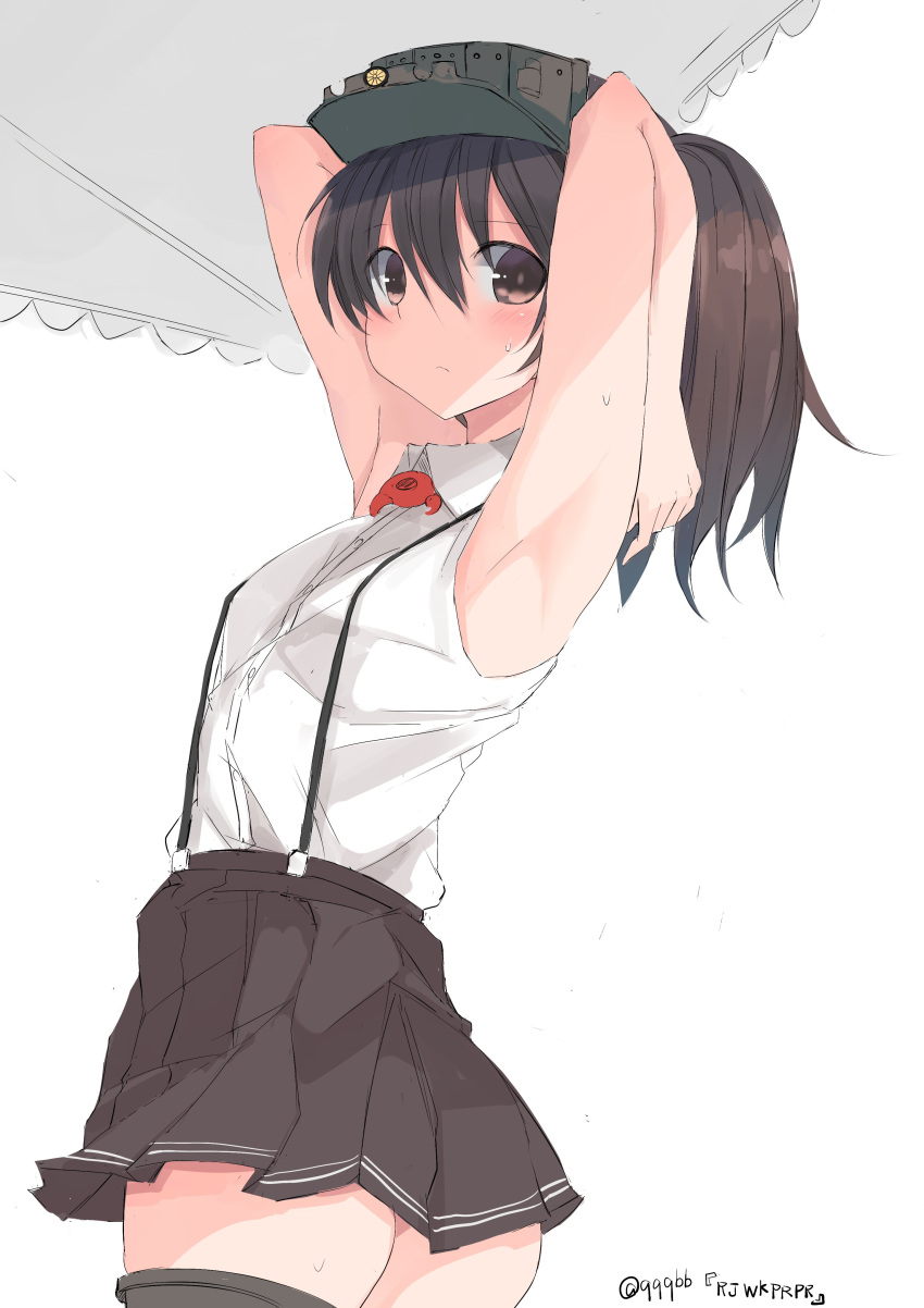 1girl absurdres armpits arms_up black_skirt brown_eyes brown_hair closed_mouth hair_between_eyes highres kantai_collection long_hair looking_at_viewer magatama nao_(qqqbb) pleated_skirt ryuujou_(kantai_collection) simple_background skirt sleeveless solo suspender_skirt suspenders twintails twitter_username visor_cap white_background