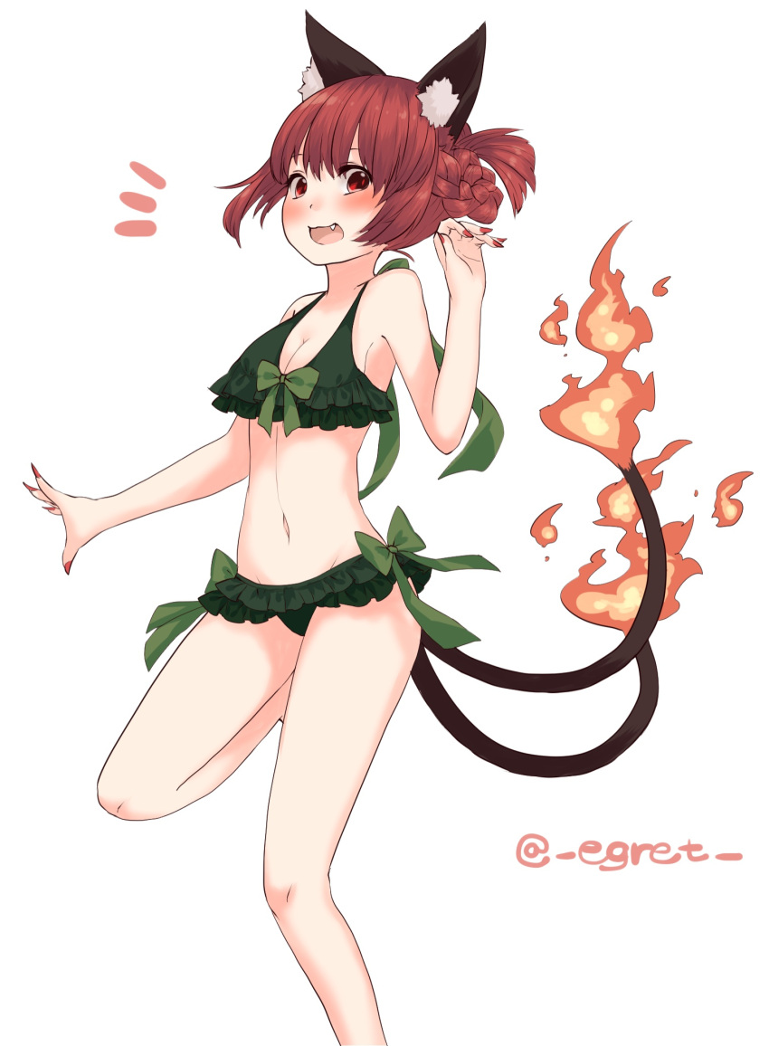 1girl alternate_hairstyle animal_ears bikini blush braid cat_ears cat_tail egret fang fire green_bikini highres kaenbyou_rin looking_at_viewer midriff multiple_tails nail_polish navel open_mouth red_eyes redhead simple_background smile solo standing standing_on_one_leg swimsuit tail touhou twitter_username white_background