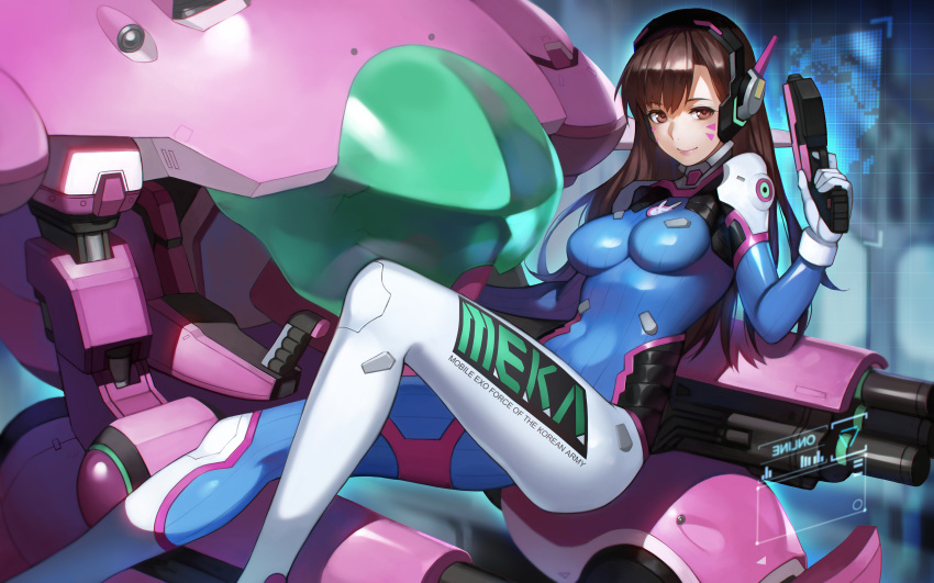 1girl absurdres acronym arm_cannon bangs bodysuit boots bracer breasts brown_eyes brown_hair closed_mouth clothes_writing covered_navel d.va_(overwatch) facepaint facial_mark finger_on_trigger from_side gatling_gun gloves gun hand_up handgun headphones highres holding holding_gun holding_weapon holographic_interface lips lipstick long_hair long_sleeves looking_at_viewer makeup mecha medium_breasts meka_(overwatch) overwatch pauldrons pilot_suit pink_lips pink_lipstick ribbed_bodysuit shiny shiny_clothes shoulder_pads sitting skin_tight smile solo thigh-highs thigh_boots thigh_strap turtleneck weapon whisker_markings white_gloves yykuaixian