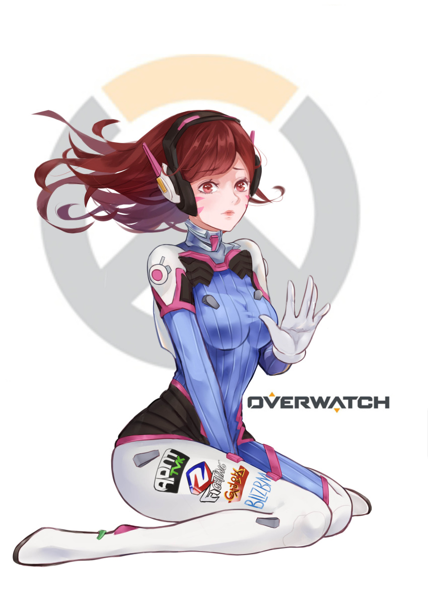 1girl \||/ absurdres bangs between_legs bodysuit breasts brown_eyes brown_hair clothes_writing copyright_name d.va_(overwatch) emblem facepaint facial_mark full_body gloves hand_between_legs headphones highres long_hair looking_at_viewer looking_to_the_side overwatch pilot_suit simple_background sitting small_breasts solo swept_bangs unhappy wariza waving whisker_markings white_background white_gloves wind zoey_eidola