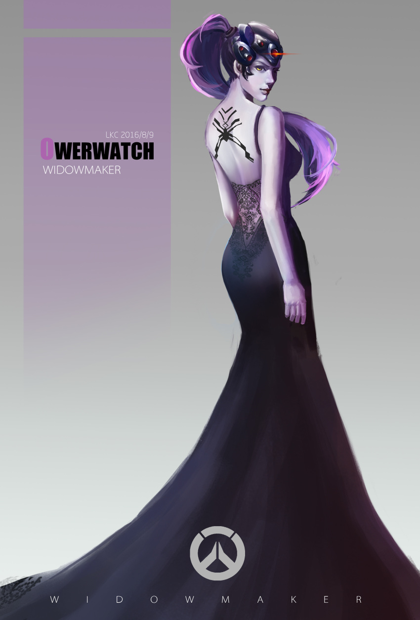 1girl 2016 absurdres artist_name back_tattoo bare_shoulders black_dress breasts character_name closed_mouth copyright_name dated dress emblem from_behind glowing hair_ornament hair_tie head_mounted_display headgear highres lips logo long_dress looking_at_viewer looking_back overwatch purple_hair purple_lips purple_skin solo spider_tattoo tattoo visor widowmaker_(overwatch) yellow_eyes
