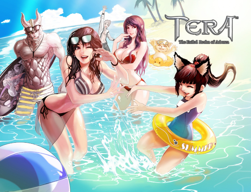 3boys 3girls aman animal_ears arm_up arms_up artist_request ball beach beachball bikini breasts brown_eyes brown_hair castanic_(tera) cat_ears cleavage closed_eyes clouds copyright_name earrings elf elin_(tera) goggles grey_hair grey_skin high_elf highres horns innertube jewelry leaning_forward long_hair multiple_boys multiple_girls no_tail ocean one-piece_swimsuit one_eye_closed open_clothes open_mouth open_shirt palm_tree pointy_ears ponytail popori school_swimsuit shirt short_hair shorts side-tie_bikini sky smile splashing striped striped_bikini striped_shorts sunglasses sunglasses_on_head surfboard swimsuit swimwear tera_online topless tree wading water waving