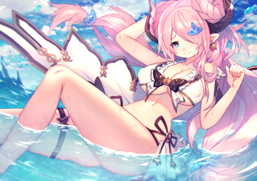 1girl alternate_costume bikini blue_eyes breasts cleavage clouds doraf granblue_fantasy heart heart-shaped_pupils horns large_breasts long_hair looking_at_viewer mamuru narumeia_(granblue_fantasy) pink_hair puffy_nipples smile solo swimsuit symbol-shaped_pupils thighs water