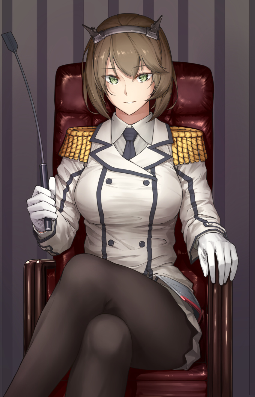 1girl absurdres black_legwear black_necktie breasts brown_hair buttons collared_shirt crossed_legs double-breasted enosan epaulettes eyebrows eyebrows_visible_through_hair gloves green_eyes grey_skirt hairband highres jacket kantai_collection katori_(kantai_collection) katori_(kantai_collection)_(cosplay) large_breasts looking_at_viewer military military_uniform miniskirt mutsu_(kantai_collection) necktie pantyhose parted_lips riding_crop shirt short_hair skirt solo throne uniform white_gloves white_jacket wing_collar