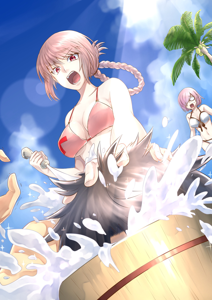 absurdres bikini black_hair braid fate/grand_order fate_(series) florence_nightingale_(fate/grand_order) glasses hair_over_one_eye hand_on_another's_head highres lotion male_protagonist_(fate/grand_order) palm_tree pink_hair red_eyes shielder_(fate/grand_order) sunscreen swimsuit tree