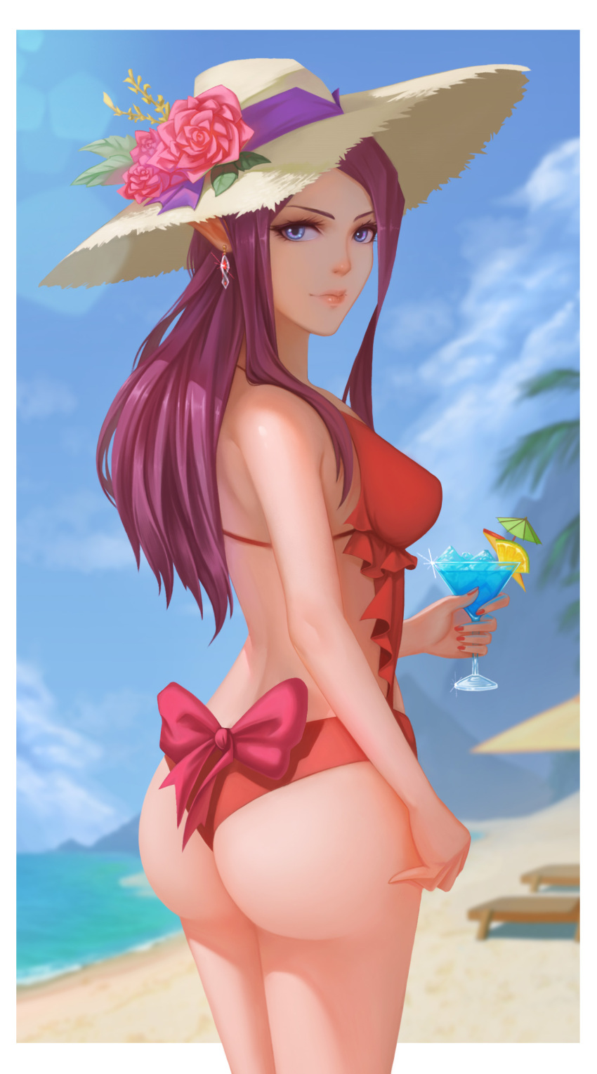 1girl absurdres arm_at_side ass bangs beach blue_eyes bow breasts closed_mouth clouds cocktail cocktail_umbrella cup drink drinking_glass earrings eyelashes flower food frills fruit glint halterneck hat hat_flower hat_ribbon highres holding_drinking_glass ice ice_cube jewelry lens_flare lips long_hair looking_at_viewer looking_back macross macross_delta medium_breasts mirage_farina_jenius nail_polish ocean orange orange_slice ousang outdoors outside_border palm_tree pink_bow pink_flower pink_rose purple_hair red_eyes red_nails red_swimsuit ribbon rose shore sky smile solo straw_hat summer swimsuit tree very_long_hair white_border