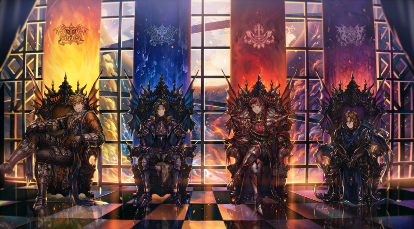 4boys armor armored_boots backlighting black_hair blonde_hair boots brown_hair cape checkered checkered_floor closed_mouth clouds crossed_legs curtains dragon_wings electricity emblem fire full_body full_moon gauntlets granblue_fantasy hair_between_eyes hair_slicked_back hands_on_own_thighs highres indoors knight lancelot_(granblue_fantasy) light_particles long_sleeves looking_at_viewer moon multiple_boys outstretched_arm pauldrons percival_(granblue_fantasy) red_eyes redhead reflection sash shigaraki_(strobe_blue) siegfried_(granblue_fantasy) sitting sky smile spikes throne vane_(granblue_fantasy) water window wings