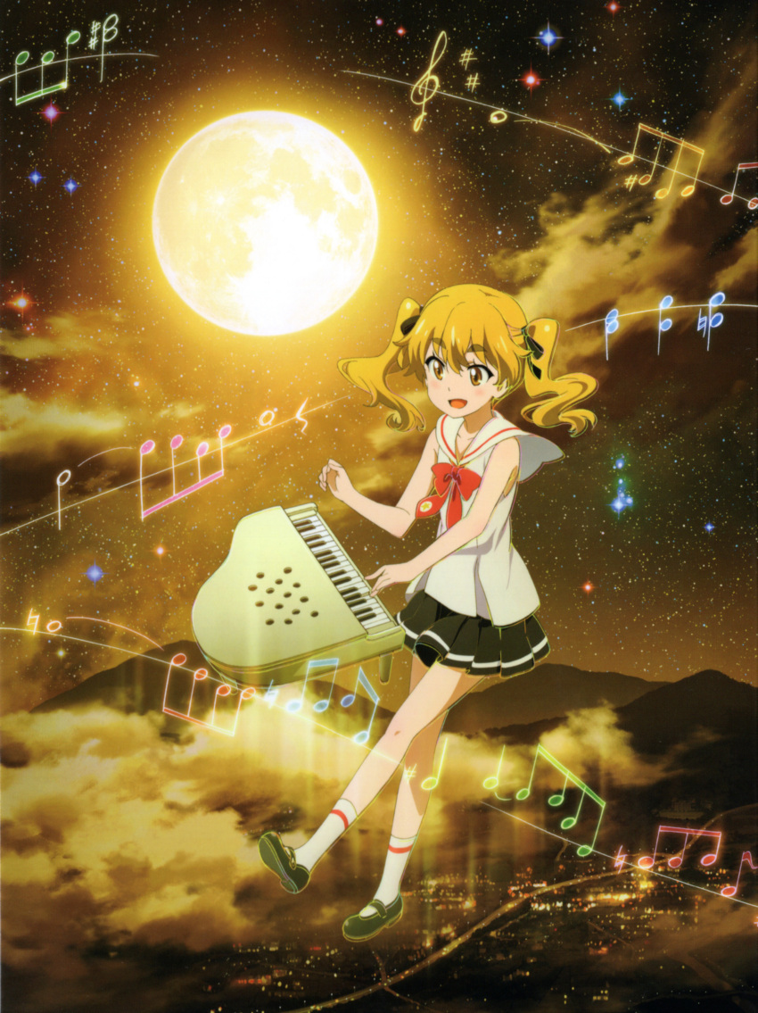 1girl absurdres blonde_hair eyebrows highres hikaru_(houkago_no_pleiades) houkago_no_pleiades instrument long_hair moon official_art piano solo thick_eyebrows twintails yellow_eyes
