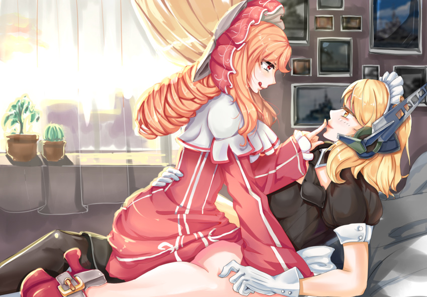 2girls alternate_costume arm_support black_legwear blonde_hair blush enmaided finger_to_another's_mouth high_heels highres licking_lips maid maid_headdress multiple_girls picture_frame plant potted_plant renown_(zhan_jian_shao_nyu) shardine straddling thigh-highs tongue tongue_out warspite_(zhan_jian_shao_nyu) yellow_eyes yuri zhan_jian_shao_nyu