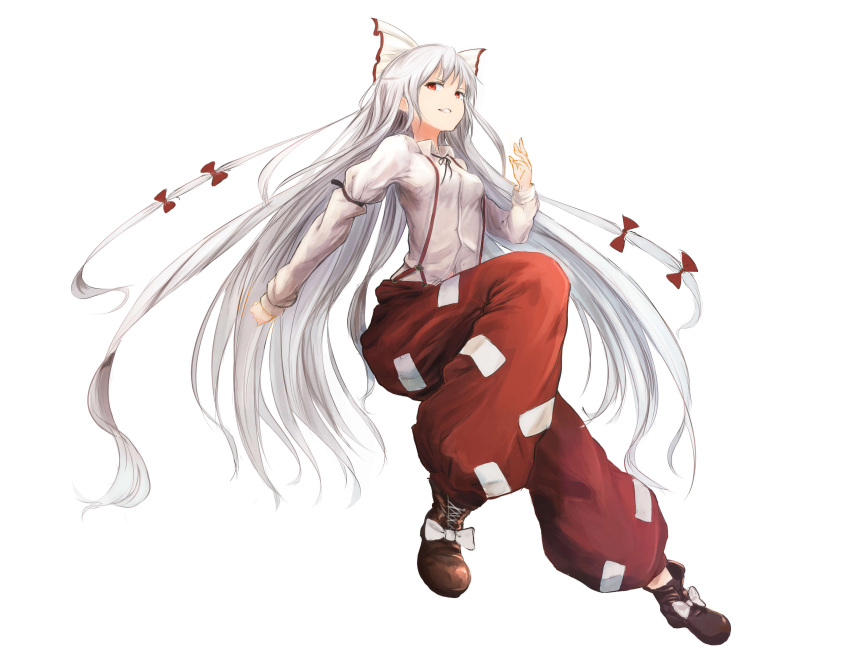 1girl absurdres bow collared_shirt fujiwara_no_mokou full_body hair_bow highres homo_1121 long_hair long_sleeves looking_at_viewer ofuda red_bow shirt shoes silver_hair simple_background solo suspenders touhou underwear very_long_hair white_background white_bow white_shirt