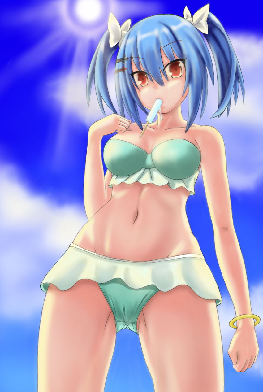 1girl blue_hair breasts cleavage clouds from_below groin groin_tendon highres lanse_dai_mao large_breasts looking_at_viewer mouth_hold navel popsicle prinz_eugen_(zhan_jian_shao_nyu) red_eyes short_twintails solo sun swimsuit thighs twintails zhan_jian_shao_nyu