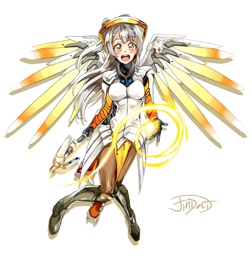 1girl absurdres artist_name blush breasts cosplay crossover full_body gloves grey_hair highres holding_staff jindai3663 knees_together_feet_apart large_breasts long_hair looking_at_viewer love_live! love_live!_school_idol_project mechanical_halo mechanical_wings mercy_(overwatch) mercy_(overwatch)_(cosplay) minami_kotori one_side_up open_mouth overwatch signature simple_background smile solo spread_wings staff white_background wings yellow_eyes