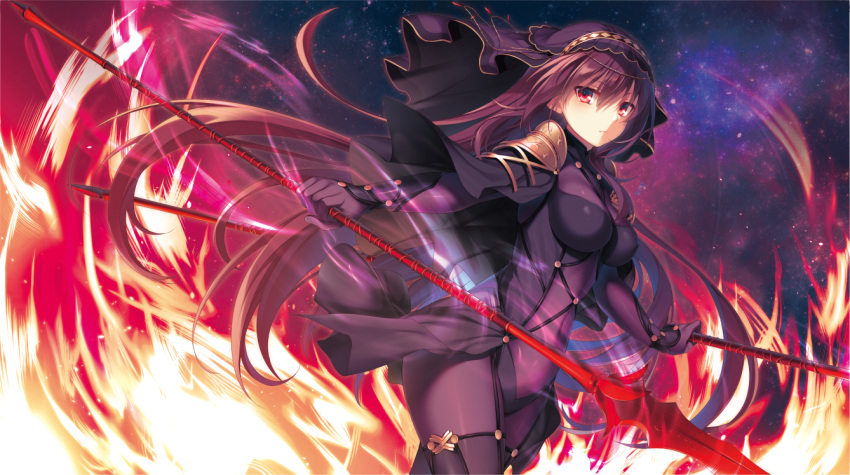 1girl bodysuit breasts commentary_request covered_navel cowboy_shot dual_wielding fate/grand_order fate_(series) fire frown gae_bolg holding holding_weapon large_breasts long_hair looking_at_viewer pauldrons polearm purple_hair red_eyes scathach_(fate/grand_order) solo spear toosaka_asagi veil very_long_hair weapon