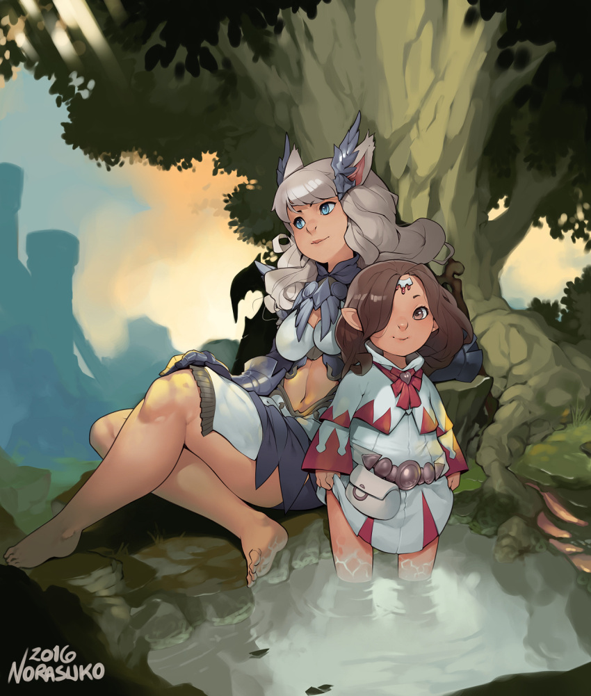2girls animal_ears barefoot breasts brown_hair cat_ears commentary feet final_fantasy final_fantasy_xiv hair_ornament highres lalafell making_of miqo'te multiple_girls navel norasuko partially_submerged silver_hair sitting skirt skirt_lift smile stomach tree water white_mage