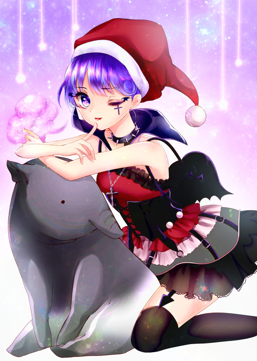 +_+ 1girl ;p absurdres animal baku_(creature) bangs black_legwear breasts clouds corset cross cross-laced_clothes cross_necklace directional_arrow doremy_sweet dress eyebrows eyebrows_visible_through_hair eyelashes facial_tattoo finger_to_mouth frills garter_straps hat highres jewelry kneeling light_particles looking_at_viewer necklace nightcap one_eye_closed pom_pom_(clothes) purple_background purple_hair red_lips shanghai_bisu short_dress short_hair sleeveless sleeveless_dress small_breasts spiked_choker tail tapir tattoo thigh-highs tongue tongue_out touhou violet_eyes wing_print