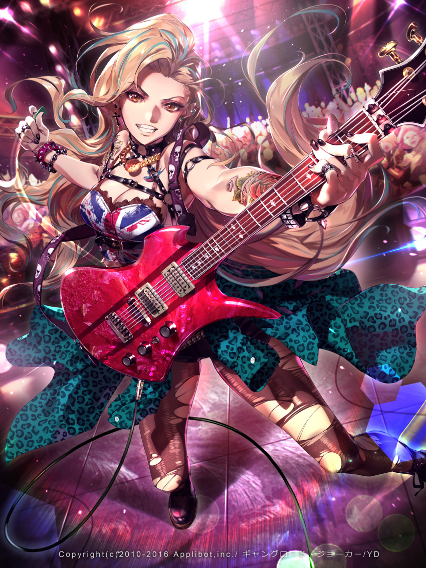 1girl absurdres aqua_hair bead_bracelet belt black_legwear black_nails blonde_hair boots bracelet breasts brown_eyes cleavage clothes_around_waist crowd earrings electric_guitar english_flag furyou_michi_~gang_road~ grin guitar highlights highres instrument jewelry leopard_print long_hair looking_at_viewer multicolored_hair nail_polish necklace pantyhose plectrum ring shorts smile solo_focus spiked_bracelet spikes teeth torn_clothes torn_pantyhose yang-do
