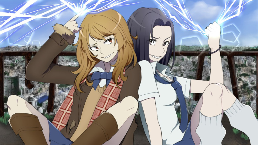 2girls black_hair blue_eyes blue_skirt boots bow bowtie brown_eyes brown_hair cityscape coat coppelion electricity grin indian_style irae_creation long_hair looking_at_viewer loose_socks miniskirt multiple_girls necktie outdoors ozu_kanon ozu_shion pale_skin ruins rust scarf shirt short_sleeves siblings sisters sitting skirt sky smile socks white_shirt
