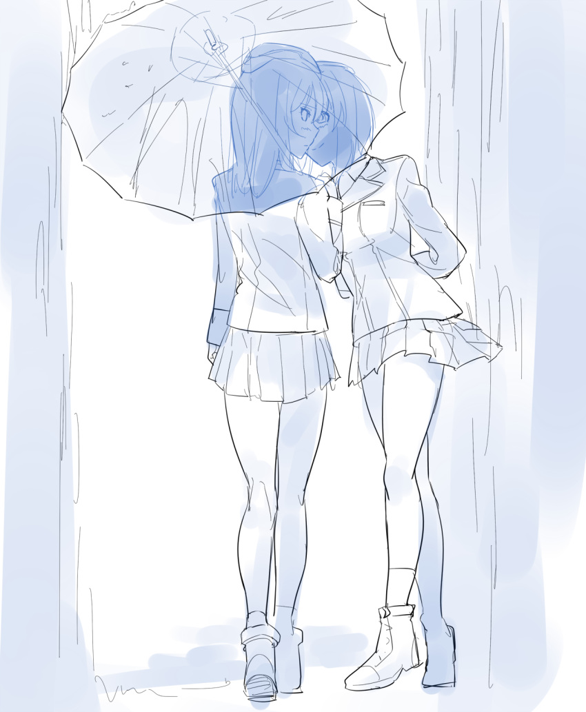 2girls blush character_request girls_und_panzer highres itsumi_erika multiple_girls nishizumi_miho sketch toritori umbrella yuri