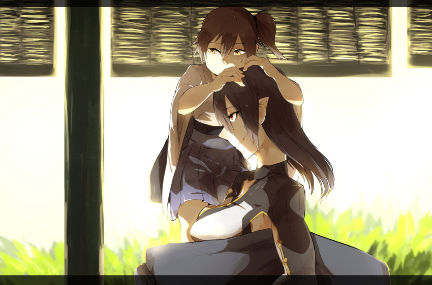 2girls black_hair blinds breasts brown_hair carrying_over_shoulder commentary_request futon grass highres japanese_clothes kaga_(kantai_collection) kantai_collection long_hair long_sleeves multiple_girls nagato_(kantai_collection) shaded_face side_ponytail smile straight_hair takatsuki_nato wide_sleeves younger