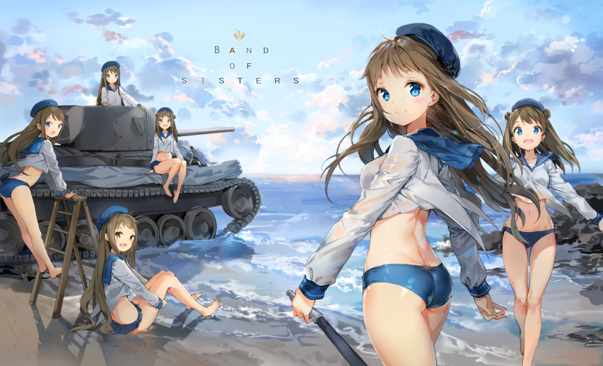 6+girls anmi ass bare_legs barefoot beach beret bikini blouse blue_eyes blue_sky blush brown_eyes brown_hair clouds commentary_request crop_top day double_bun ground_vehicle hat highres ladder leg_hug long_hair looking_at_viewer looking_back matching_outfit military military_vehicle motor_vehicle multiple_girls navel ocean on_vehicle open_mouth original outdoors sailor_collar sand sitting sky smile standing swimsuit swimwear tank valentine_(tank) very_long_hair water white_blouse