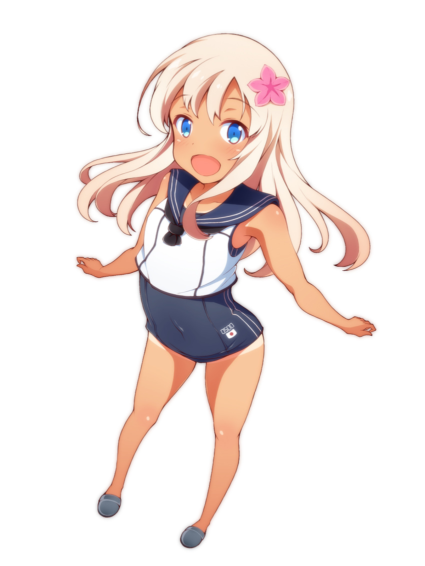 1girl bare_shoulders blonde_hair blue_eyes blush covered_navel crop_top epee_(lotion) flower hair_flower hair_ornament hibiscus highres kantai_collection looking_at_viewer one-piece_tan open_mouth ro-500_(kantai_collection) sailor_collar school_swimsuit simple_background sleeveless slippers smile solo swimsuit swimsuit_under_clothes tan tanline white_background