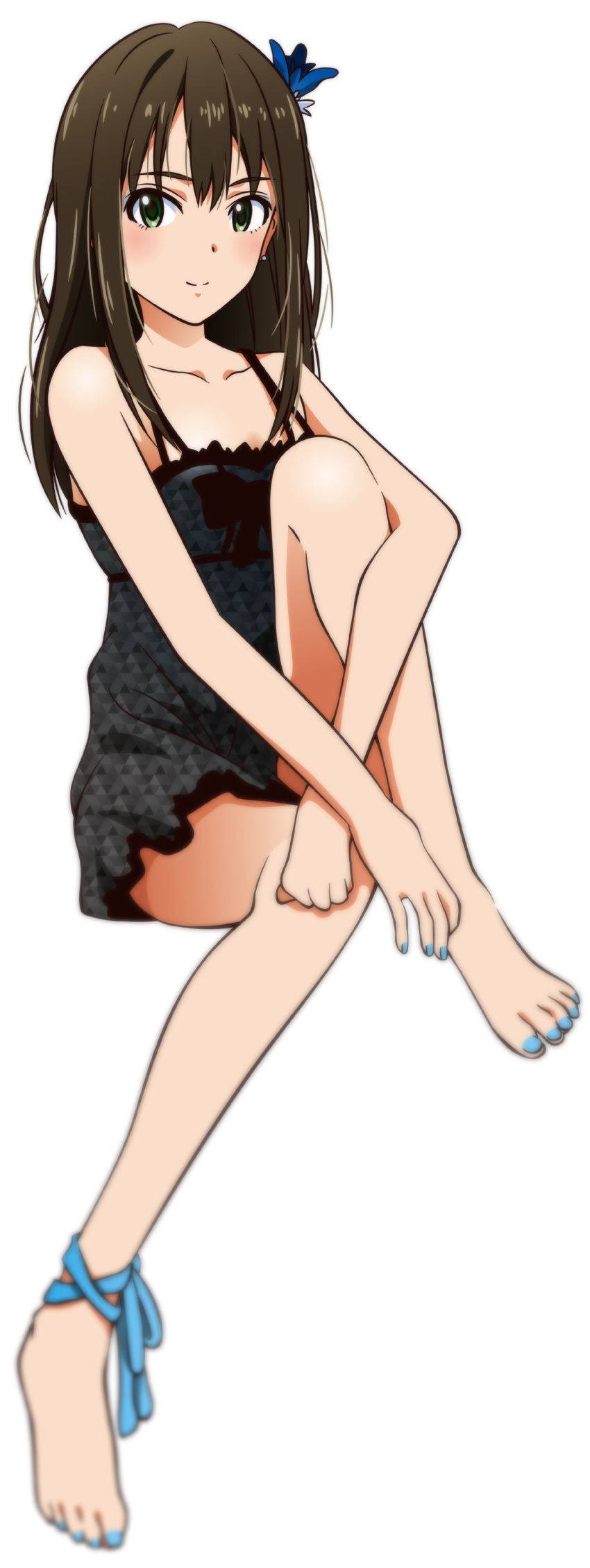 1girl absurdres akizuki_ritchan barefoot black_dress blush brown_hair dress full_body green_eyes highres idolmaster idolmaster_cinderella_girls long_hair looking_at_viewer nail_polish shibuya_rin simple_background solo