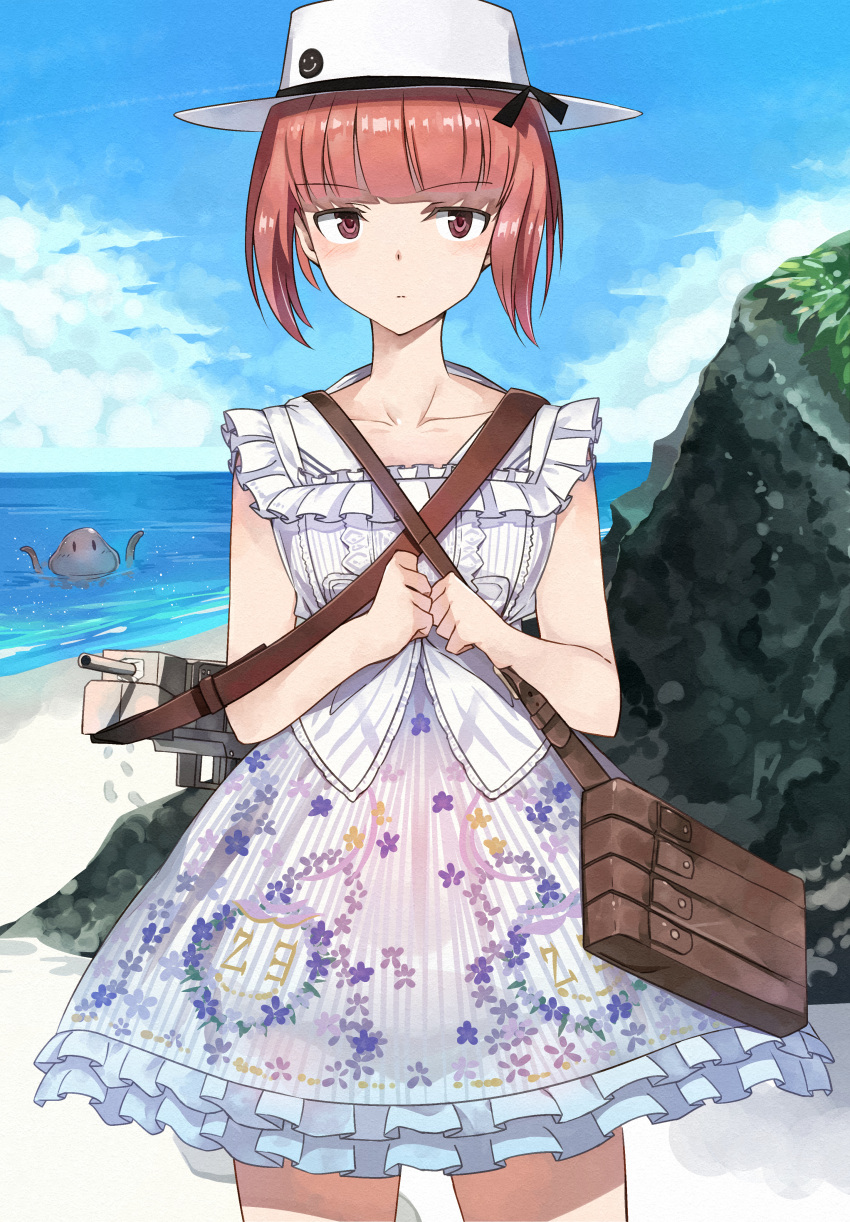 1girl absurdres alternate_costume bangs bare_shoulders beach blunt_bangs blush brown_eyes brown_hair cartridge casual character_name clouds cloudy_sky floral_print frilled_skirt frilled_sleeves frills hat highres kanmiya_shinobu kantai_collection looking_at_viewer military_hat ocean octopus outdoors sailor_hat short_hair skirt sky z3_max_schultz_(kantai_collection) |_|