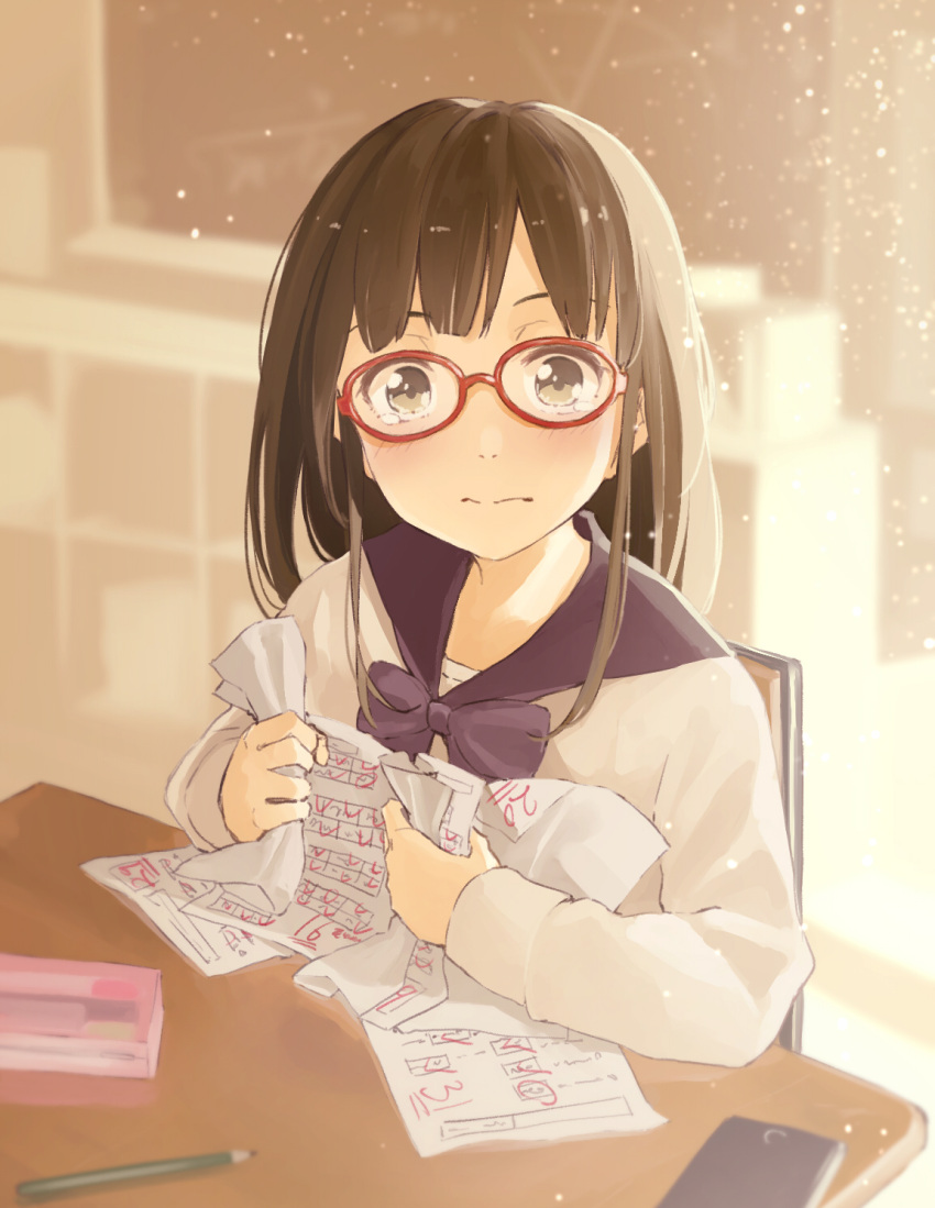1girl brown_eyes brown_hair classroom closed_mouth desk highres holding_paper indoors long_hair long_sleeves looking_at_viewer minamito number original paper pencil red-framed_eyewear school_desk school_uniform shirt sitting solo tears test white_shirt