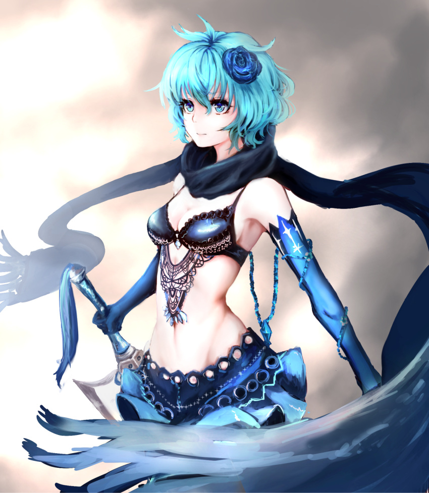 1girl armpits bare_shoulders bikini_top black_scarf blue_eyes blue_gloves blue_hair breasts cleavage drag-on_dragoon drag-on_dragoon_3 elbow_gloves flower gloves groin hair_flower hair_ornament highres holding holding_weapon homo_1121 huge_weapon light_smile looking_away navel scarf short_hair small_breasts solo sword two_(drag-on_dragoon) weapon